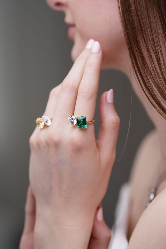 Emerald and diamond toi et moi engagement ring by OROSERGIO