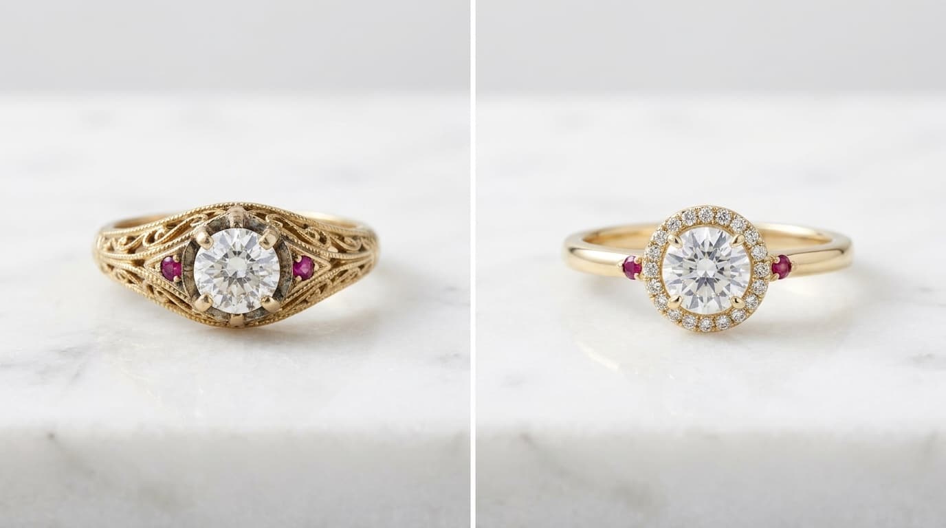 Before and after jewellery redesign — vintage solitaire transformed into modern halo ring by OROSERGIO Toronto