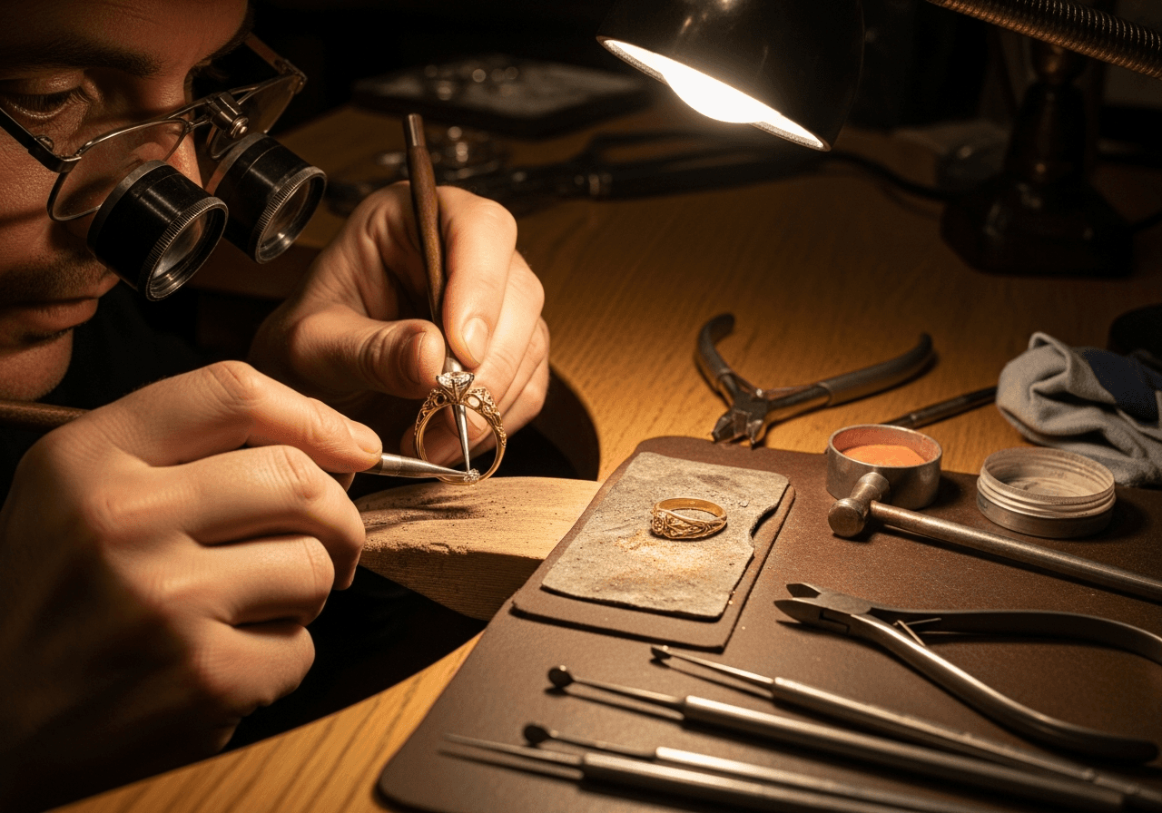Master goldsmith repairing a ring at OROSERGIO Toronto studio