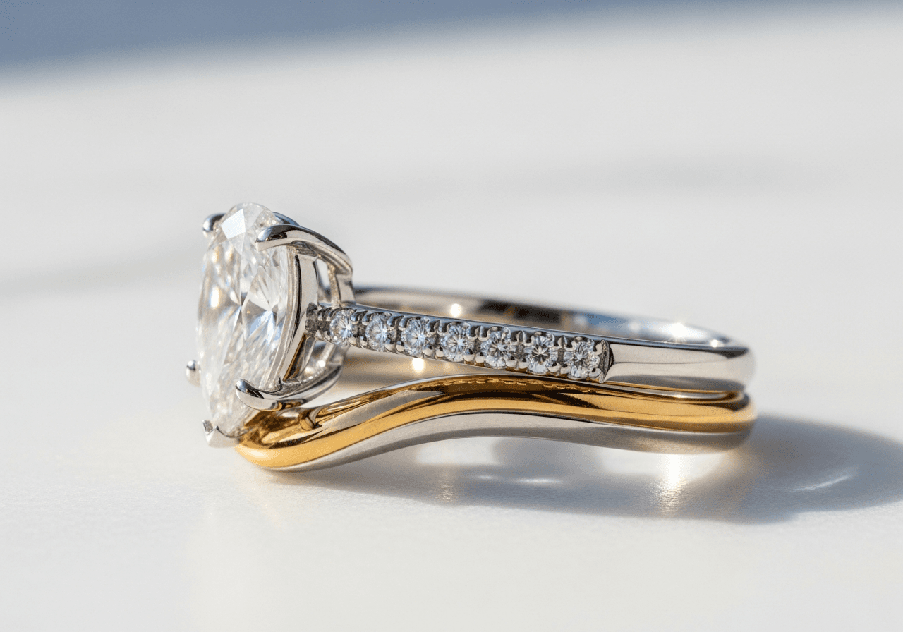 Custom contour wedding band sitting flush against a diamond engagement ring by OROSERGIO Toronto