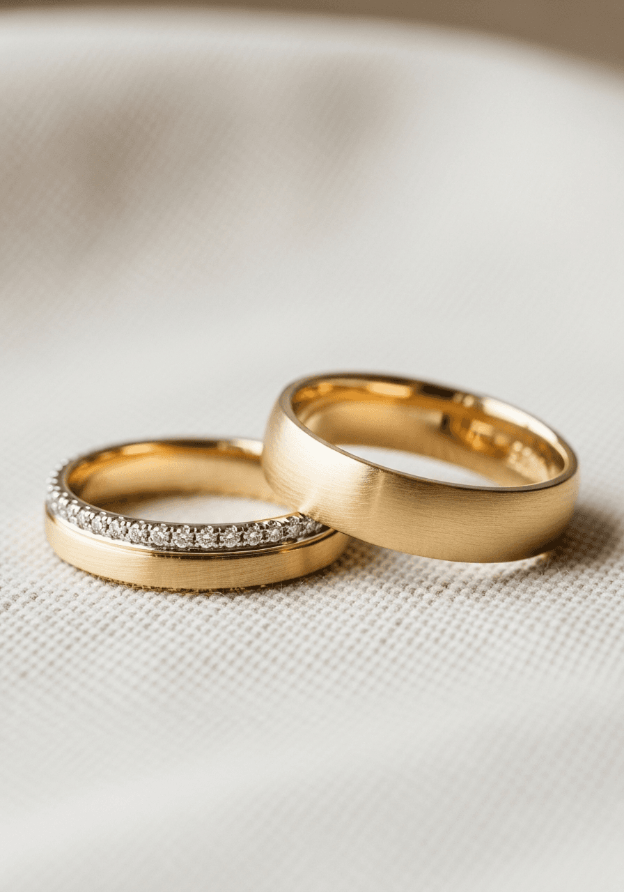 Matching his-and-hers custom wedding band set in 18k yellow gold by OROSERGIO Toronto